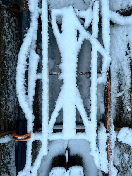 Schnee auf den Streben im Ruderboot Elbe 2023